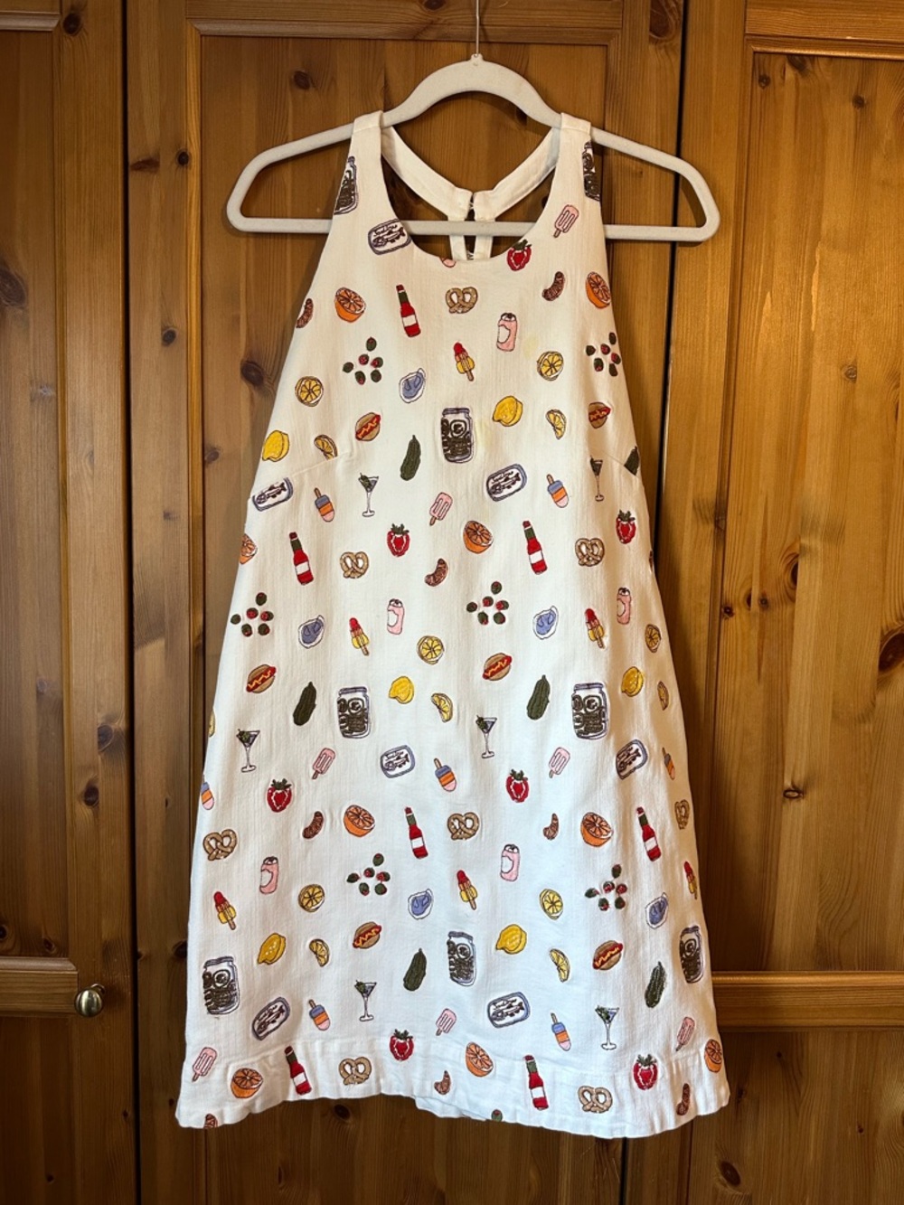 Maeve White Sleeveless A-Line Dress with Colorful Food & Drink Embroidery